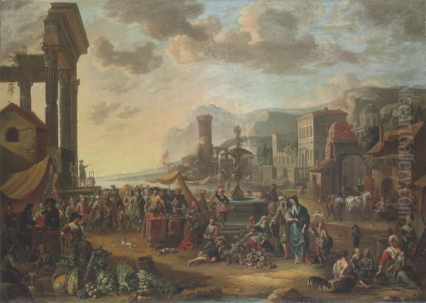 A Capriccio Of A Mediterranean Port City With A Market, A Commediadell'arte Performing - view 1