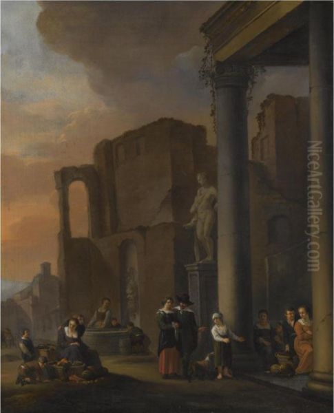 A Capriccio Scene With Classical Ruins And Figures Selling Fruit And Vegetables In The Foreground - view 1