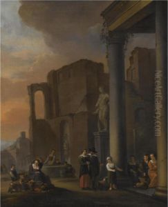 A Capriccio Scene With Classical Ruins And Figures Selling Fruit And Vegetables In The Foreground by Anton Goubau