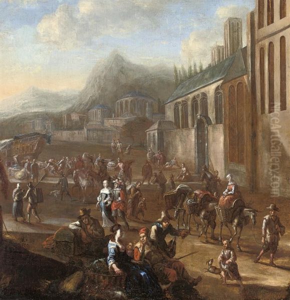 A Harbour Scene With Figures By A Church, Mountains Beyond - view 1