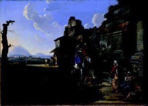 Paesaggio Italiano Con Viandanti Davanti A Una Fonte