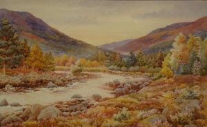 An Autumnal Mountainous River Landscape With Heathers And Firs