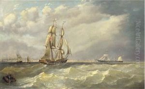 A Trading Brig And Paddlesteamer In An Offshore Breeze by J. Gough