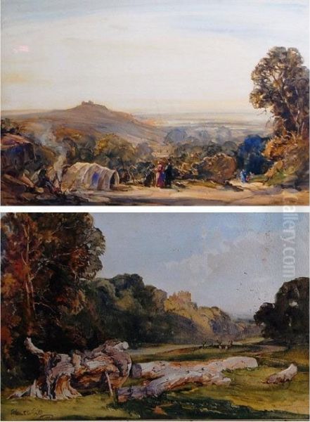 Landscape With Stag And Castle Beyond &travellers Resting In An Extensive Landscape - view 1