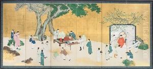Large Six Panel Screen, Ink, Color, And Gold On Paper; Depicting Scholars In A Garden Setting, With, At Right, A Calligrapher Practicing As Scholars And Attendants Look On, At Center, A Scholar Who Reclines, Eyes Closed, Before A Writing Table, With Three Large Six Panel Screen, Ink, Color, And Gold On Paper; Depicting Scholars In A Garden Setting, With, At Right, A Calligrapher Practicing As Scholars And Attendants Look On, At Center, A Scholar Who Reclines, Eyes Closed, Before A Writing Table, With Three