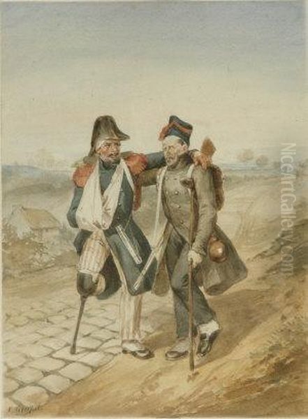 Two Napoleonic Wounded Soldiers Supporting Each Other On A Country Road - view 1