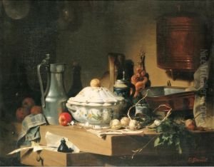 Nature Morte A La Soupiere , Aux Lunettes Et Aux Gousses D'ail [ ; Still Life With Tureen , Glasses And Cloves Of Garlic ; Oil On Canvas ; Signed Lower Right E Gourdet] by Pierre Eugene Gourdet