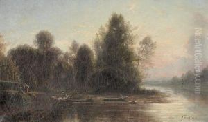 Flussuferpartie Mit Booten Und Figurenstaffage Flussuferpartie Mit Booten Und Figurenstaffage