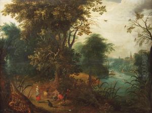 A Wooded River Landscape With Shepherds Conversing On A Track