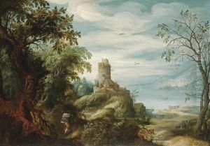 A Mountainous River Landscape With Faggot Gatherers At The Edge Of A Forest by Abraham Govaerts