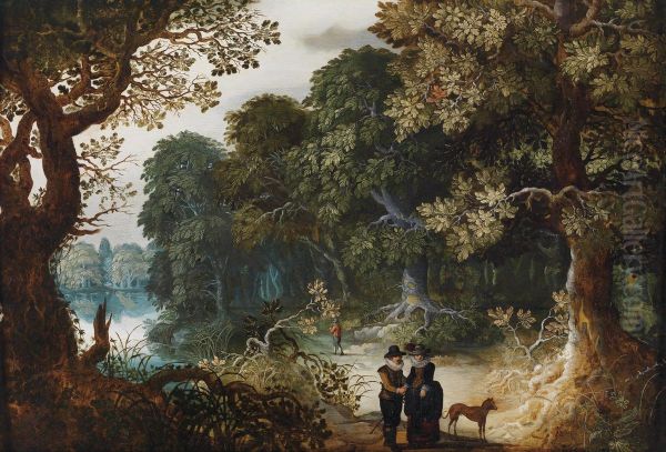 An Elegant Couple Strolling In Aforest - view 1