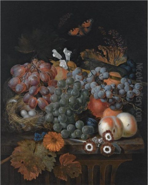 A Still Life With Blue And White Grapes On A Vine, Peaches, A Daisy, Auriculas And A Bird's Nest, All On A Wooden Ledge, Together With A Butterfly - view 1
