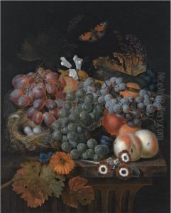 A Still Life With Blue And White Grapes On A Vine, Peaches, A Daisy, Auriculas And A Bird's Nest, All On A Wooden Ledge, Together With A Butterfly by Jan Baptist Govaerts