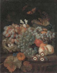 Grapes On The Vine, Peaches, A Birds Nest With Eggs And A Plum On Aledge