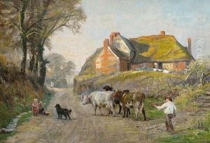 Droving Cattle Through A Village