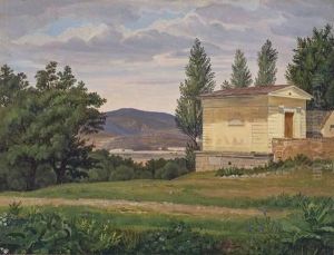 Blick In Landschaft Mit Kleinem Gebaude Rechts by Paul Graeb