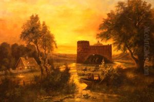 Angler Vor Einer Wasserburg