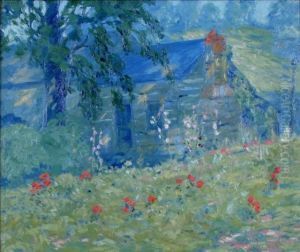 Depicting A Brown County Log Cabin Withblooming Flowers by Carl C. Graf