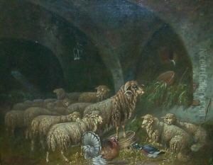 Schafherde Im Stall. Im Vordergrund Truthahn Mit Ente. Unten Links Signiert Graf by Ludwig Graf