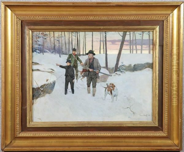 Three Hunters, Dog, In Winter Woodland Scene - view 1