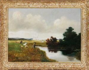 Schafer Mit Seiner Herde Am Bachlauf In Weiter Bewolkter Landschaft by Philip Graf