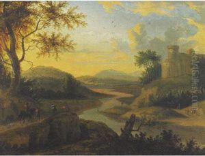 Travellers And Their Dogs In An Extensive Riverlandscape by Franz Graff