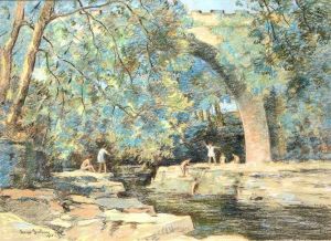 Young Children Bathing In A River In A Continental Wooded Landscape by George Graham