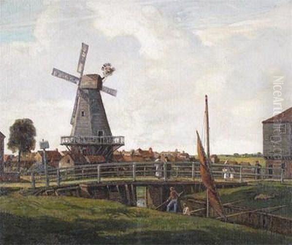Dutch Canal Scene With Figures And Boats By A Windmill - view 1