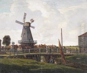 Dutch Canal Scene With Figures And Boats By A Windmill by George Graham