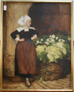 Female Dutch Market Seller Standing Beside A Basket Of Cabbages And Other Root Vegetables On A Shelf