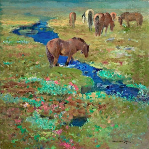 Horses By A Stream In Themeadow - view 1
