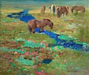 Horses By A Stream In The Meadow. Signed Halfdan Gram by Halfdan Gran