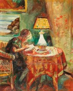 Interior Med Lesende Pike Ved Lampe by Severin Grande