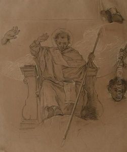 A Sainted Bishop Seated On A Throne, With Separate Studies Of His Head, Hand And Foot