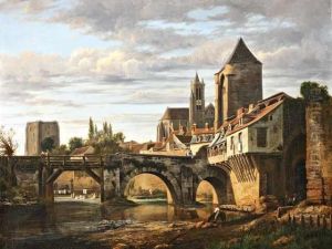 < Moret Sur Loing-bord Duloing Anime > Huile Sur Toile. Signee En Bas A Gauche. 60 X 74 Cm.eleve De Watelet. Veritable Photographie De L'epoque Ou Figure Leslavandieres Sous Le Vieux Pont De Moret Et Ou Les Chevauxapparaissent Pour Se Desalterer Au Bord D