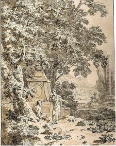 An Arcadian Landscape With Figures Resting Near A Classical Tomb by Jean Grandjean