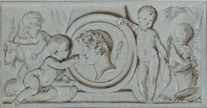 Four Putti Surrounding A Relief Portrait Of A Classical Figure
