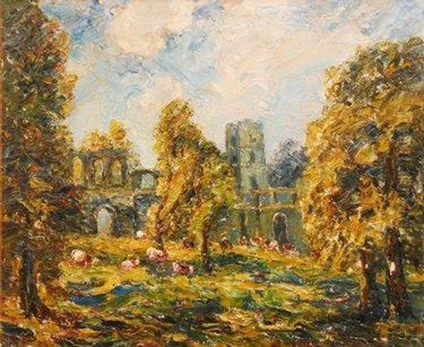 Ruined Abbey Scene With Cattle And Trees To The Foreground - view 1