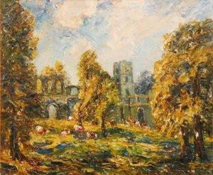 Ruined Abbey Scene With Cattle And Trees To The Foreground