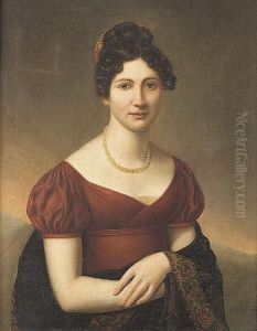 A Portrait Of A Lady In A Red Empire Dress Wearing A Beaded Haircomb by Jean-Pierre Granger