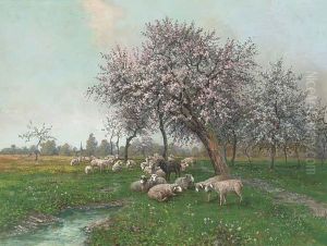 Sheep In An Orchard by Leopold Graninger