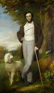 Portrait Of A Gentleman Standing In Parkland With His Poodle