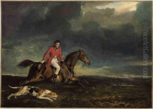 Johyn Dalyell, Master Of The Puckeridge Hounds On A Bay Hunter With A Hound In A Landscape by Sir Francis Grant