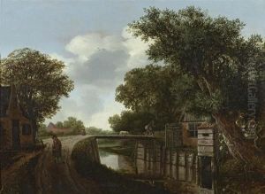 Landschaft Mit Haus An Einem Bach Und Einer Brucke .