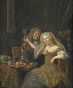 An Amorous Couple At A Table Laid With A Carafe Of Wine And A Plate Of Oranges