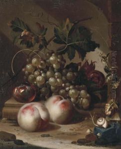 A Plum, Grapes On The Vine And Medlars On A Ledge With Peaches, Asnail In The Foreground