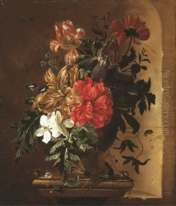 Tulips, An Iris, Morning Glory And Other Flowers In A Terracotta Vase by Willem Grasdorp