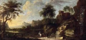 Von Burgartigen Gebauden Gesaumte Italienische Felsenlandschaft Mit Kurierreiter Und Begleitpferd