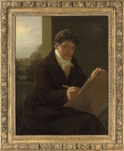 Self-portrait, Three-quarter-length, Seated In A Brown Coat,sketching, A Landscape Beyond