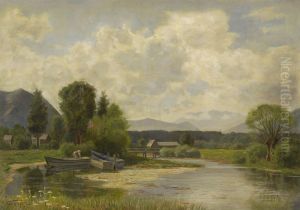 Bauerin Bei Ruderbooten Am Bachufer